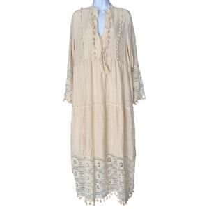 Boho Ivory Lace Tassel Maxi Dress Women's Large Cottagecore Prairie Romantic